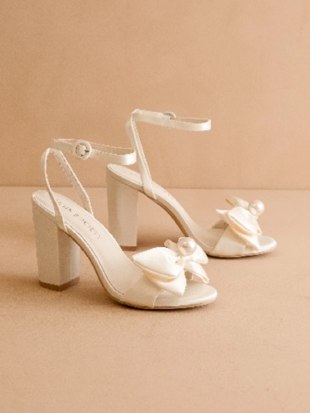 Cream Satin Bow Block Heel Sandals with Pearl Accent